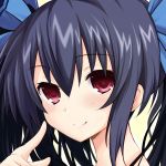  1girl blush close-up finger_to_mouth hair_ribbon iwasi-r long_hair looking_at_viewer neptune_(series) noire red_eyes ribbon shin_jigen_game_neptune_vii shiny shiny_hair shiny_skin simple_background smile twintails yellow_background 