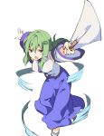  &gt;:o 1girl :o blue_skirt blush breasts detached_sleeves foreshortening frog_hair_ornament gohei green_eyes green_hair hair_between_eyes hair_ornament hasebe_yuusaku japanese_clothes kochiya_sanae leaning_forward long_hair long_skirt long_sleeves looking_at_viewer medium_breasts miko open_mouth outstretched_arms shirt sidelocks skirt sleeveless sleeveless_shirt snake_hair_ornament solo spread_arms standing touhou white_shirt wide_sleeves 