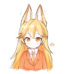  1girl :c animal_ears blazer blonde_hair blush bow bowtie brown_hair buttons dot_nose expressionless eyebrows_visible_through_hair eyelashes ezo_red_fox_(kemono_friends) fox_ears gradient_hair jacket japari_symbol kemono_friends long_hair long_sleeves looking_at_viewer motion_lines multicolored_hair necktie nezumi_inu orange_eyes orange_jacket simple_background sketch solo tsurime two-tone_hair upper_body white_background white_bow white_bowtie yellow_necktie 