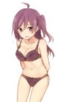  1girl ahoge arms_behind_back blush bra breasts collarbone embarrassed eyebrows_visible_through_hair hagikaze_(kantai_collection) hair_between_eyes kantai_collection long_hair looking_at_viewer medium_breasts nagami_yuu navel open_mouth panties purple_bra purple_hair purple_panties side_ponytail simple_background sketch solo underwear underwear_only white_background 