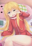  1girl absurdres amano_kouki blonde_hair blue_eyes blush book eyebrows_visible_through_hair gabriel_dropout hair_between_eyes highres jacket long_hair long_sleeves looking_at_viewer lying messy_hair on_side one_eye_closed open_mouth pillow red_jacket sleepy solo striped_jacket tears tenma_gabriel_white track_jacket very_long_hair 