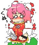  1girl anger_vein bandaged_arm blush breasts bun_cover chibi clenched_teeth clothes_pull cuffs double_bun flower ibaraki_kasen medium_breasts messy_hair o_o pink_hair plump rose shackles short_hair skirt solo sweat tabard tears teeth thick_eyebrows touhou translated trembling undersized_clothes wavy_eyes yanagitaaaan 