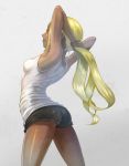  1girl adjusting_hair alternate_costume alternate_hairstyle armpits arms_up ass back bare_legs bare_shoulders black_shorts blonde_hair breasts casual commentary_request dark_skin from_side gluteal_fold gravity_daze gravity_daze_2 kitten_(gravity_daze) long_hair ponytail red_eyes short_shorts shorts sideboob simple_background smile solo tank_top thighs white_background 