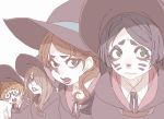  4girls bangs barbara_(little_witch_academia) black_hair brown_eyes brown_hair commentary_request facepaint glasses green_eyes hanna_(little_witch_academia) hat kiss_(rock_band) little_witch_academia looking_at_viewer looking_to_the_side lotte_jansson multiple_girls open_mouth parted_bangs semi-rimless_glasses smile sucy_manbavaran tasaka_shinnosuke under-rim_glasses unhappy white_background witch witch_hat 
