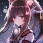  1girl bare_shoulders brown_eyes brown_hair cherry_blossoms collar detached_sleeves flower hair_flower hair_ornament headgear kantai_collection long_hair petals pink_flower ponytail solo usamito very_long_hair yamato_(kantai_collection) 