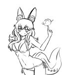  1girl bikini fate/extra fate_(series) greyscale highres invader long_hair midriff monochrome smile solo spinning swimsuit tamamo_(fate)_(all) tamamo_no_mae_(fate) tamamo_no_mae_(swimsuit_lancer)_(fate) tomato 
