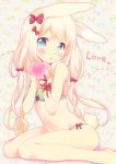  1girl :o animal_ears arched_back arm_ribbon bangs blonde_hair blue_eyes blush bow bow_bra bow_panties bra bunny_tail ech eyebrows_visible_through_hair green_bra green_panties hands_up heart holding holding_heart long_hair looking_at_viewer navel original panties parted_lips rabbit_ears red_bow red_ribbon ribbon sitting solo tail tareme thighs underwear underwear_only wariza 