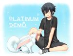  1boy black_clothes black_hair carbuncle_(final_fantasy) child converse final_fantasy final_fantasy_xv fox hood hoodie male_focus noctis_lucis_caelum petting shoes short_sleeves shorts sneakers younger yunelala 