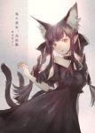  1girl alternate_color alternate_costume alternate_eye_color alternate_hair_color animal_ears bangs black_dress black_eyes black_hair black_ribbon braid breasts cat_ears cat_tail choker cover cover_page cowboy_shot doujin_cover dress extra_ears hair_ribbon kaenbyou_rin looking_at_viewer medium_breasts multiple_tails off-shoulder_dress off_shoulder parted_lips pointy_ears puffy_short_sleeves puffy_sleeves ribbon short_sleeves sidelocks solo tail touhou translation_request twin_braids two_tails viridiflora 