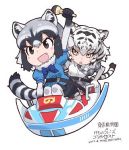  2017 2girls :d :o animal_ears animal_print arm_up artist_name black_eyes black_hair black_skirt blue_ribbon blue_shirt blush chestnut_mouth chibi collar common_raccoon_(kemono_friends) copyright_name dated eyebrows_visible_through_hair eyelashes fang frilled_shirt frills fur_collar gloves grey_hair grey_legwear grey_necktie grey_skirt hair_between_eyes holding holding_microphone horizontal-striped_legwear horizontal_stripes japari_symbol kemono_friends legs_together looking_at_another looking_away looking_up lowres microphone multicolored multicolored_clothes multicolored_gloves multicolored_hair multiple_girls neck_ribbon necktie open_mouth pantyhose plaid plaid_necktie plaid_skirt pleated_skirt print_legwear puffy_short_sleeves puffy_sleeves raccoon_ears raccoon_tail ribbon safety_belt shirt short_sleeves simple_background sitting skirt sleeve_cuffs smile space_craft streaked_hair striped striped_legwear striped_tail tail thigh-highs tiger_ears tiger_print tiger_tail tsurime white_background white_gloves white_hair white_shirt white_tiger_(kemono_friends) white_tiger_print yoshizaki_mine zettai_ryouiki 