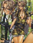  1girl blonde_hair blue_eyes breasts camouflage fingerless_gloves glasses gloves gun highres jewelry knife long_hair looking_at_viewer medium_breasts military military_uniform no_bra open_clothes parted_lips phara_l._olyn shirou_masamune solo submachine_gun translation_request uniform weapon wild_wet_quest 