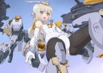  1girl bangs bare_shoulders baselard black_legwear blonde_hair blush breasts covered_navel dd_(ijigendd) doll_joints elbow_gloves eyebrows_visible_through_hair frame_arms_girl gloves green_eyes headgear highres leg_up leotard long_hair looking_at_viewer mecha_musume open_mouth pantyhose shiny shiny_clothes shiny_hair shiny_skin sky small_breasts smile solo white_gloves white_leotard 