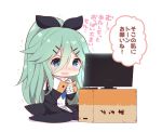  1girl black_legwear blue_eyes blush box cardboard_box chibi commentary_request crying crying_with_eyes_open detached_sleeves green_hair hair_ornament hair_ribbon hairclip kantai_collection mikan_box no_shoes nose_blush open_mouth ribbon sitting solo tears television_screen translation_request wariza watanohara wavy_mouth white_background yamakaze_(kantai_collection) 