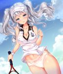  1girl alternate_costume bare_shoulders breasts cleavage clouds cloudy_sky collarbone day dutch_angle fukuda_shuushi highres kantai_collection kashima_(kantai_collection) large_breasts long_hair looking_at_viewer no_pants panties parted_lips racket shirt sidelocks sky sleeveless sleeveless_shirt sportswear tennis_racket tennis_uniform thighs twintails underwear wavy_hair white_panties white_shirt 