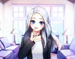  1girl blazer blue_eyes choker couch eunyeon indoors jacket lamp long_hair looking_at_viewer room silver_hair smile solo upper_body window 