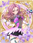  battle_girl_high_school breasts curly_hair flower gloves hair_ornament highres long_hair looking_at_viewer mole navel official_art open_mouth petals purple_hair serizawa_renge solo violet_eyes wand 