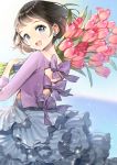  1girl :d anco_(melon85) backless_outfit bangs blouse blue_eyes bouquet bow commentary_request cover cover_page doujin_cover earrings flower highres holding holding_bouquet jewelry layered_skirt long_sleeves looking_back open_mouth original purple_blouse short_hair smile tulip 