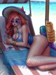  1girl ass beach blue_eyes bracelet breasts cellphone cleavage_cutout drink drinking drinking_straw earrings hat heart-shaped_sunglasses highres hoop_earrings jewelry large_breasts league_of_legends lipstick long_hair looking_at_viewer looking_over_glasses lying makeup mirco_cabbia navel navel_cutout on_side one-piece_swimsuit phone pool_party_miss_fortune redhead sarah_fortune smartphone solo sun_hat swimsuit towel water_gun wavy_hair 