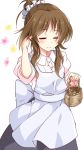  1girl apron blush brown_hair closed_eyes commentary_request hair_flip hair_ornament hair_scrunchie highres holding idolmaster idolmaster_cinderella_girls long_hair natsu_(anta_tte_hitoha) ponytail scrunchie smile solo takamori_aiko white_apron 