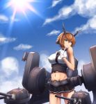  1girl arm_behind_back black_skirt blue_sky breasts brown_hair clouds cowboy_shot day erect_nipples eyebrows_visible_through_hair finger_to_mouth green_eyes groin hair_between_eyes headgear highres kantai_collection large_breasts looking_away matsunaga_garana miniskirt mutsu_(kantai_collection) navel outdoors parted_lips pleated_skirt rigging short_hair simple_background skirt sky smokestack solo standing stomach striped striped_skirt turret white_background 