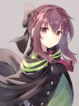  1girl belt bow brown_eyes buttons cape grey_background hair_between_eyes hair_bow highres hiiragi_shinoa long_hair looking_at_viewer military military_uniform nonono owari_no_seraph purple_hair ribbon simple_background smile solo uniform 