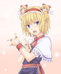  1girl alice_margatroid bishoujo_senshi_sailor_moon blonde_hair blue_dress blue_eyes capelet commentary_request doll dress hairband lolita_hairband miyo_(ranthath) open_mouth parody sash shanghai_doll short_hair simple_background touhou tsuki_ni_kawatte_oshioki_yo 