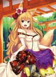  1girl :d animal_ears apron bare_shoulders blonde_hair blue_eyes blush breasts cleavage collarbone cowboy_shot day dengeki_moeou dress elbow_gloves eyebrows_visible_through_hair floral_print flower fox_ears fox_girl fox_tail frilled_apron frills gloves hair_flower hair_ornament hair_ribbon highres kokonoe_tsubaki large_breasts long_dress long_hair looking_at_viewer off-shoulder_dress off_shoulder open_mouth original outdoors purple_apron rain red_flower red_ribbon red_rose ribbon rose sash scan skirt_hold smile solo tail torii very_long_hair white_gloves yoshizawa_glasses 