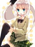  &gt;:o 1girl :o black_legwear black_ribbon blue_eyes blush eyebrows_visible_through_hair ghost highres konpaku_youmu konpaku_youmu_(ghost) looking_at_viewer nikorashi-ka open_mouth ribbon short_hair solo teeth thigh-highs touhou white_hair 