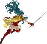  1girl aqua_eyes aqua_hair armor bangs black_legwear boots cape closed_mouth eirika facing_away female fingerless_gloves fire_emblem fire_emblem:_seima_no_kouseki fire_emblem_heroes floating_hair full_body gloves highres holding holding_sword holding_weapon kozaki_yuusuke leg_up long_hair looking_away official_art red_footwear red_gloves short_sleeves shoulder_armor simple_background skirt solo sword thigh-highs thigh_boots transparent_background weapon zettai_ryouiki 