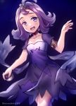  1girl acerola_(pokemon) arm_up armlet blush breasts cleavage dress elite_four flipped_hair hair_ornament hairclip highres holding holding_poke_ball looking_at_viewer niwashi_(yuyu) open_mouth poke_ball pokemon pokemon_(game) pokemon_sm purple_background purple_hair short_hair short_sleeves simple_background small_breasts solo trial_captain twitter_username violet_eyes 