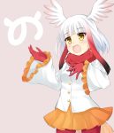  1girl :d bangs blunt_bangs blush eyebrows_visible_through_hair frilled_sleeves frills gloves head_tilt head_wings japanese_crested_ibis_(kemono_friends) japari_symbol kemono_friends long_hair long_sleeves maccha multicolored_hair open_mouth orange_skirt pantyhose pink_background pleated_skirt red_gloves red_legwear redhead shirt simple_background skirt smile solo tail two-tone_hair white_hair white_shirt wide_sleeves yellow_eyes 