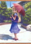  1girl absurdres bag blonde_hair blue_eyes blush casual eyebrows from_behind goto_p handbag highres huge_filesize k-on! kotobuki_tsumugi long_hair looking_back sandals shade skirt smile solo tree umbrella 