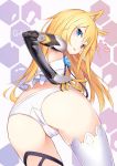  1girl ai_cao animal_ears ass blonde_hair blue_eyes blush character_name g41_(girls_frontline) girls_frontline heart heterochromia hexagonal_background highres long_hair looking_at_viewer looking_back mechanical_arm panties red_eyes single_thighhigh solo thigh-highs underwear very_long_hair white_legwear white_panties 