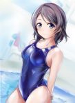  1girl arms_behind_back bare_shoulders blue_eyes breasts competition_swimsuit grey_hair looking_at_viewer love_live! love_live!_sunshine!! medium_breasts nannacy7 one-piece_swimsuit pool short_hair smile solo standing swimsuit watanabe_you 