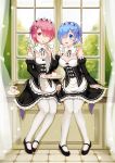  2girls :d black_shoes blue_hair blush breasts cleavage cup curtains detached_sleeves e_neko feeding food full_body hair_ornament hair_over_one_eye highres holding holding_spoon indoors light_particles long_sleeves looking_at_another looking_at_viewer maid maid_headdress mary_janes medium_breasts multiple_girls open_mouth pantyhose pink_hair plate pudding ram_(re:zero) re:zero_kara_hajimeru_isekai_seikatsu rem_(re:zero) ribbon-trimmed_clothes ribbon-trimmed_sleeves ribbon_trim shoes short_hair siblings sisters sitting smile teacup tray twins white_legwear wide_sleeves window x_hair_ornament 