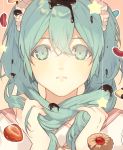  1girl cats_brain chocolate eyelashes food fruit green_eyes green_hair hair_between_eyes hatsune_miku holding holding_hair lots_of_laugh_(vocaloid) melting sailor_collar simple_background solo star strawberry sweets twintails vocaloid 
