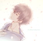  1boy arched_back black_hair bluez closed_eyes hand_on_own_chest hood hooded_sweater hoodie hyouka male_focus oreki_houtarou solo sweater upper_body 