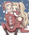  1boy 1girl blue_eyes blush brown_hair code_geass hat hug kneeling long_hair maruki_(punchiki) nunnally_lamperouge purple_eyes rollo_lamperouge rolo_lamperouge santa_costume santa_hat thigh-highs thighhighs twintails violet_eyes zettai_ryouiki 