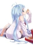  arm_support bare_shoulders barefoot blue_eyes blue_hair buriki denpa_onna_to_seishun_otoko eating food from_behind long_hair looking_back pizza pizza_box sitting skirt solo touwa_erio very_long_hair 