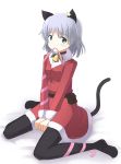  bell bell_collar black_legwear cat_ears christmas collar dress green_eyes mouth_hold pantyhose ribbon ribbons santa_costume sanya_v_litvyak short_hair silver_hair strike_witches tail 