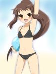  1girl armpits bad_id ball beachball bikini blush brown_eyes brown_hair flat_chest kyonko long_hair maruki_(punchiki) ponytail suzumiya_haruhi_no_yuuutsu swimsuit wave waving 