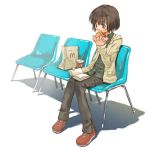  brown_hair chair eating jeans lowres mcdonald&#039;s mcdonald's mcdonalds reading red_shoes short_hair 