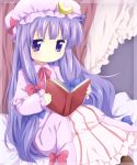  1girl blush book border dress hat long_hair maruki_(punchiki) patchouli_knowledge purple_eyes purple_hair reading touhou violet_eyes young 