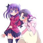  2girls alternate_costume alternate_hairstyle blue_eyes brown_hair cosplay costume_switch fate/stay_night fate_(series) hairstyle_switch kiba_(artist) matou_sakura matou_sakura_(cosplay) multiple_girls purple_eyes purple_hair ribbon ribbons sisters skirt thigh-highs thighhighs tohsaka_rin tohsaka_rin_(cosplay) toosaka_rin toosaka_rin_(cosplay) twintails violet_eyes zettai_ryouiki 