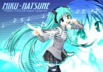 aqua_hair detached_sleeves hatsune_miku headset long_hair musical_note musical_notes necktie pointing skirt thigh-highs thighhighs twintails very_long_hair vocaloid wantoshi 
