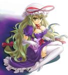  1girl blonde_hair breasts choker cleavage corset dress elbow_gloves feet geroro gloves hair_ribbon hair_ribbons hat long_hair ribbon ribbons thigh-highs thighhighs touhou very_long_hair yakumo_yukari yellow_eyes 