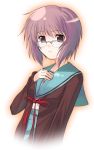  brown_eyes flat_chest glasses nagato_yuki okaka purple_hair school_uniform short_hair suzumiya_haruhi_no_yuuutsu 