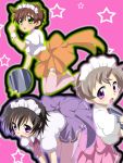  3girls black_hair blush brown_hair code_geass genderswap green_eyes kururugi_suzaku lelouch_lamperouge luluko maruki_(punchiki) multiple_girls purple_eyes rollo_lamperouge rolo_lamperouge short_hair suzako thigh-highs thighhighs violet_eyes waitress 