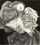  bad_id boots dress flower frills hairband highres ikedanegi konatsu long_hair monochrome rose roses rozen_maiden suigintou traditional_media wings yellow 