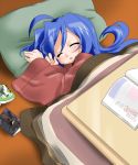  blue_hair book closed_eyes izumi_konata kotatsu lucky_star mole pillow sleeping table takeya_yuuki takeyasan wide_sleeves 